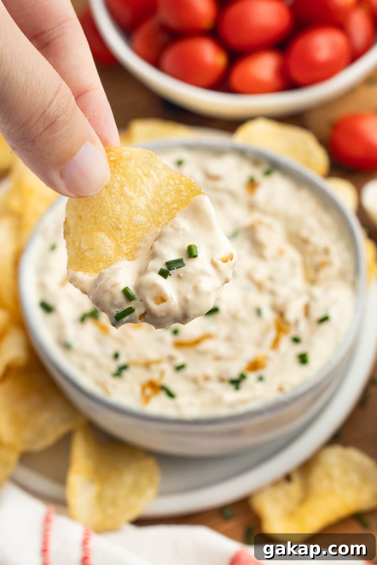 This is a picture of a chip with onion dip.
