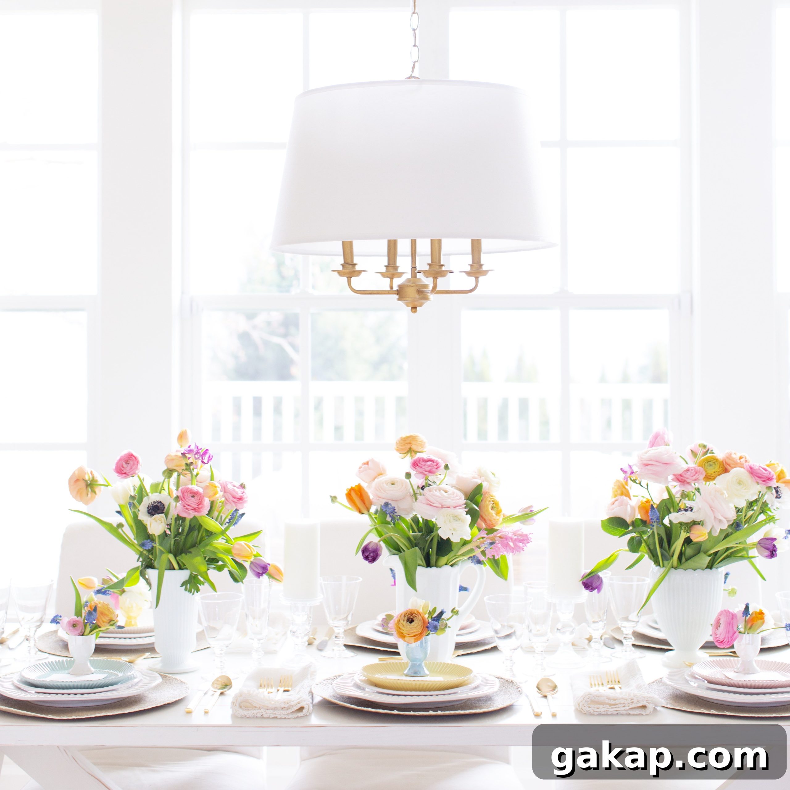Easter Fraiche Table Dinner with pastel florals, white dinner ware and gold flatware: your complete guide to planning your perfect Easter Dinner!