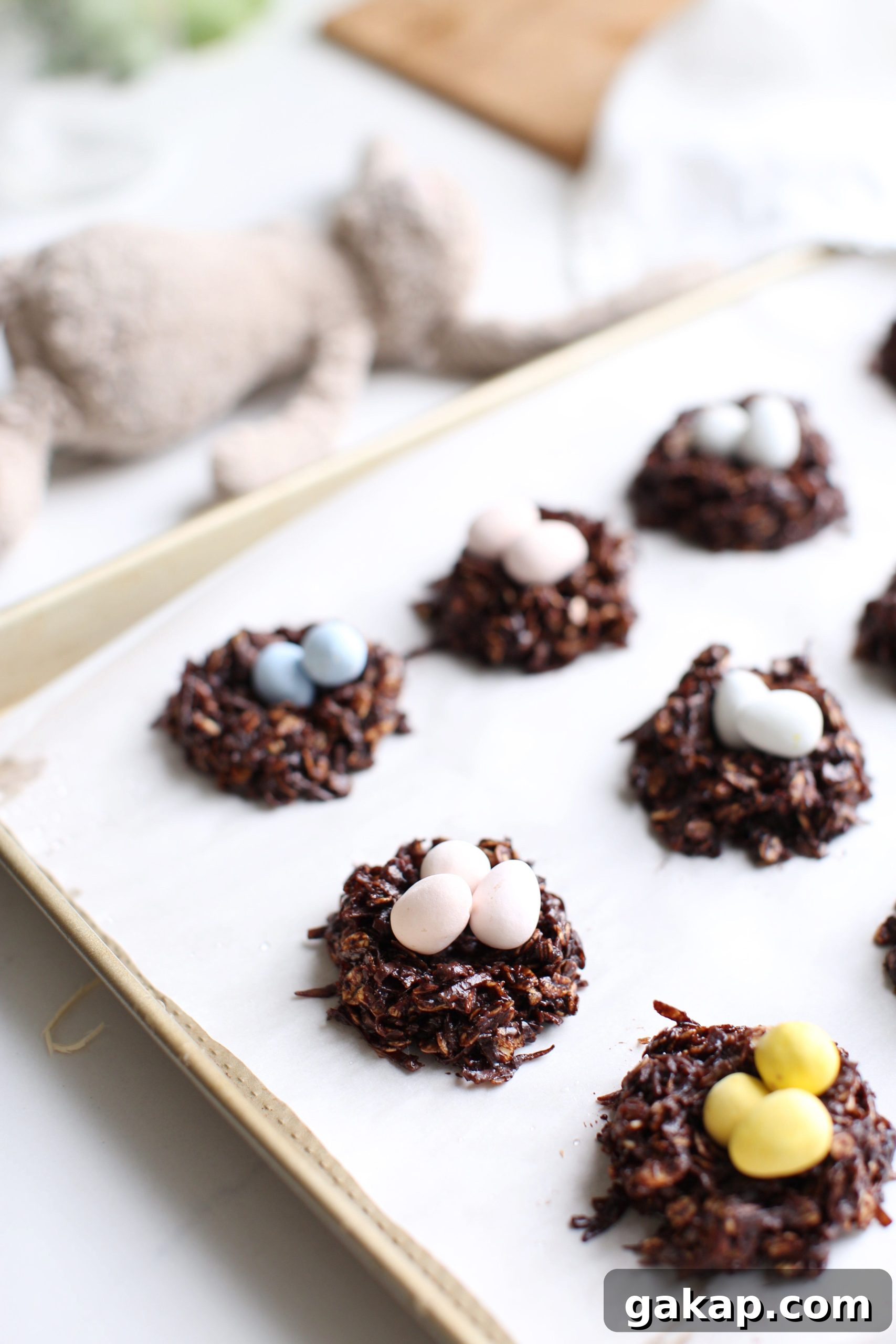 Healthy Chocolate Haystack Cookies that are naturally sweetened, vegan and gluten free. They also make adorable 'nests' for mini chocolate eggs for Easter!