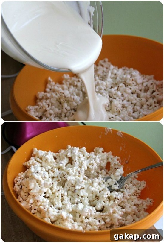 White chocolate poured over popcorn