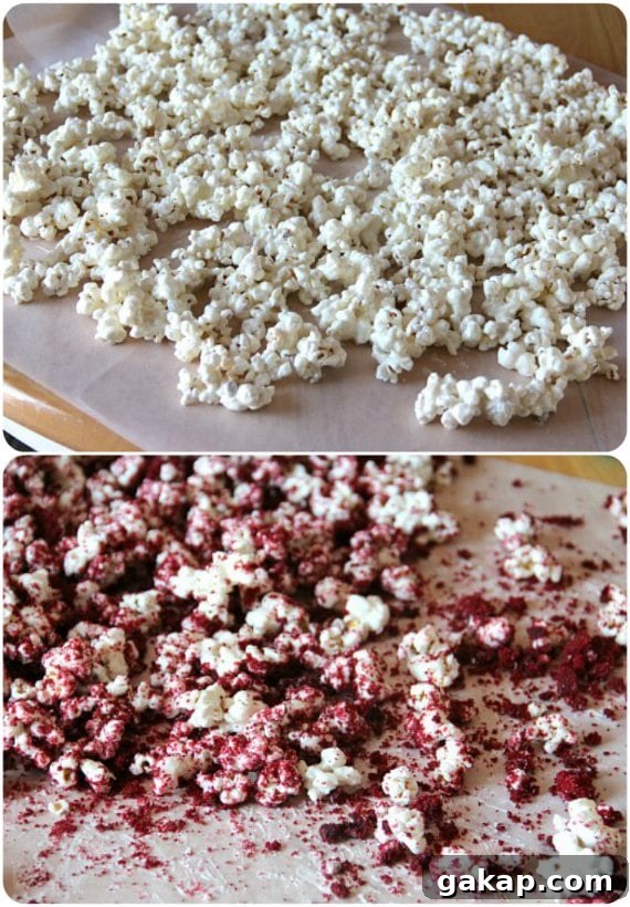 Popcorn topped with red velvet crumbs