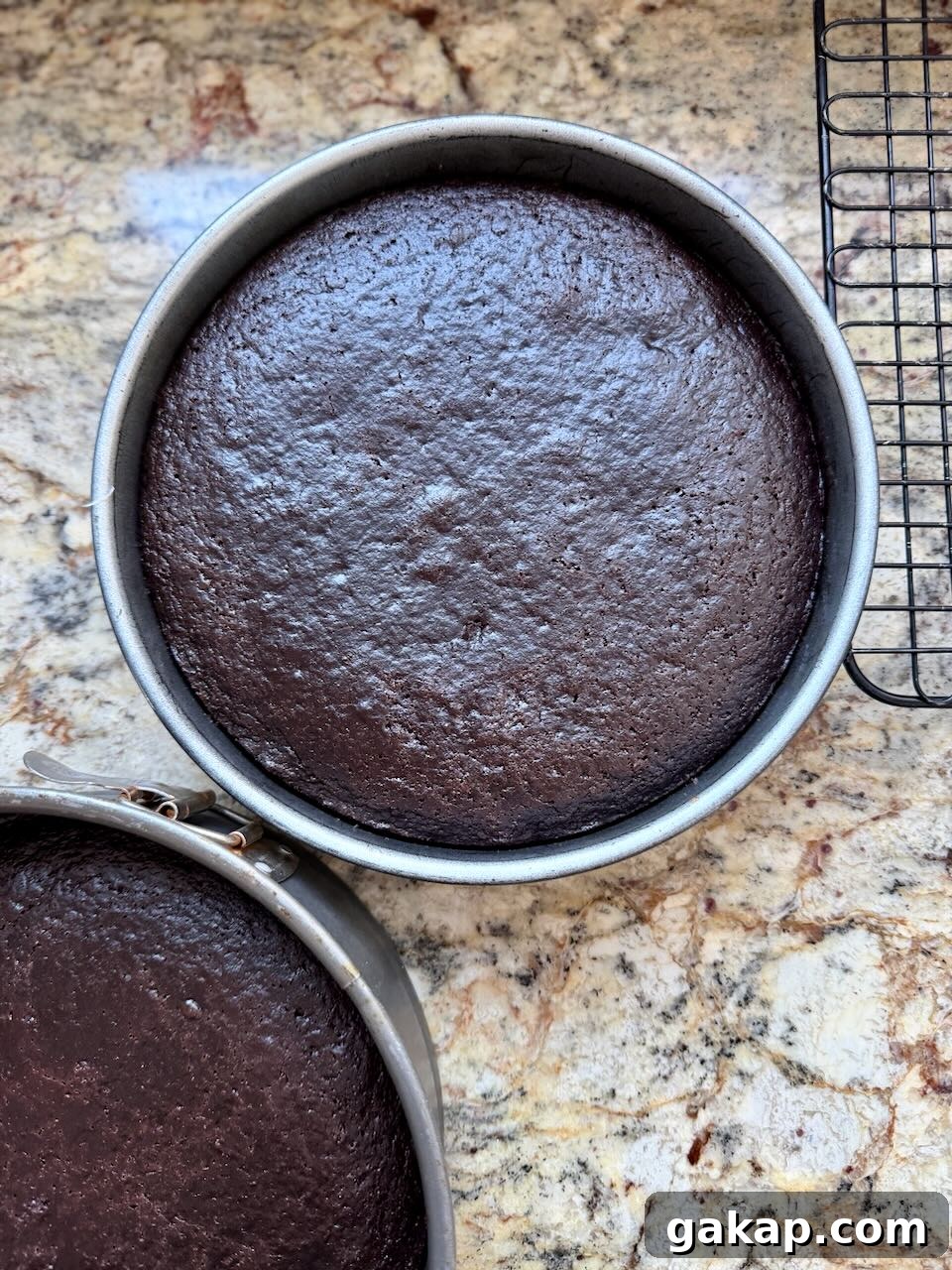 Two freshly baked round chocolate cake layers cooling in their pans next to a wire rack.