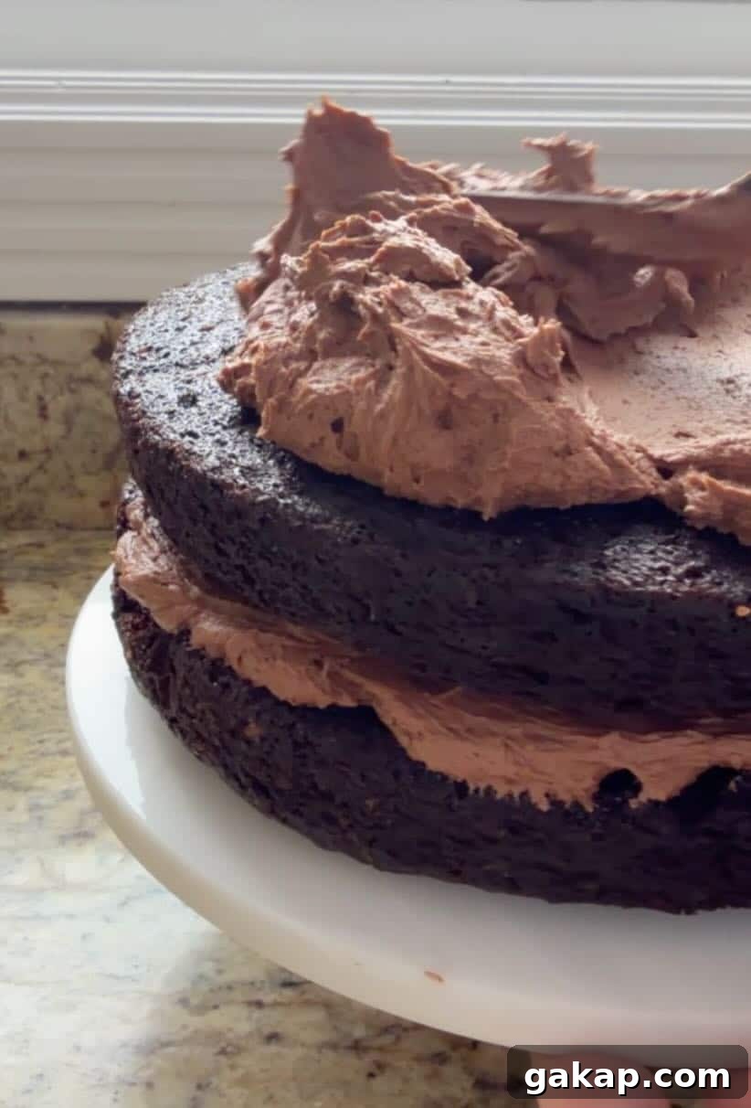 Chocolate frosting being spread between two layers of chocolate cake on a cake stand.