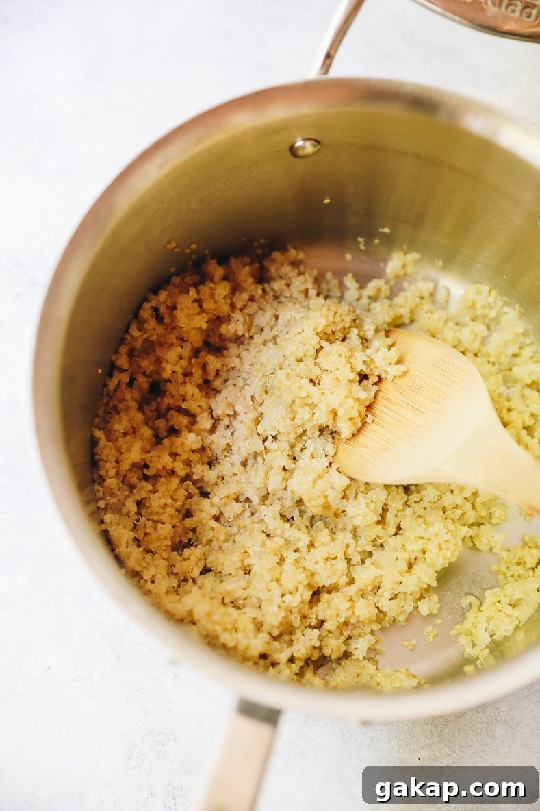 cooked quinoa in a pot.