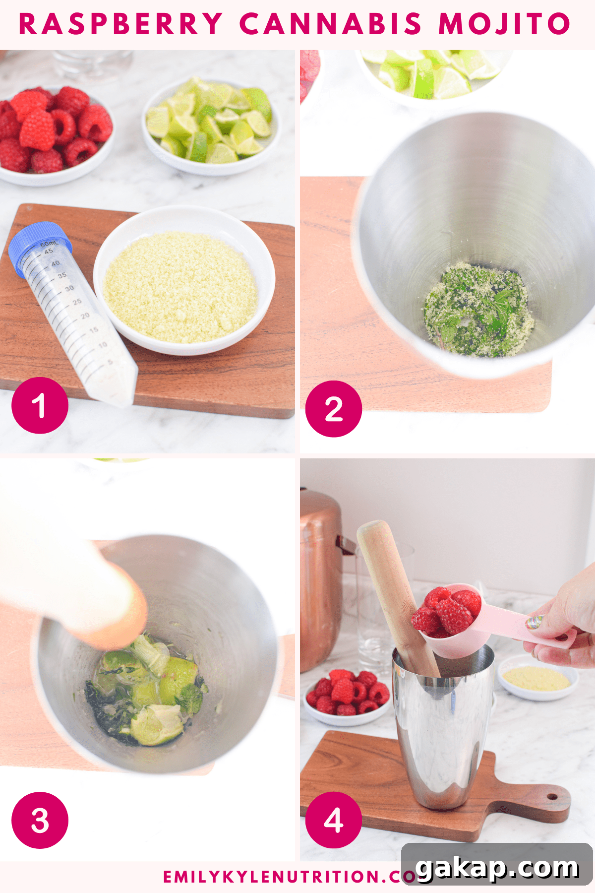 Raspberry Mojito: Cannabis-Infused Cocktail or Mocktail Guide 6 A four step image collage showing how to make a raspberry cannabis mojito.