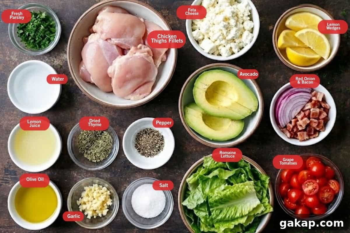 Lemon-Herb Avocado Chicken Salad Recipe for Light Lunch 3 Flat lay photo of ingredient shot of fresh parsley, chicken thighs fillet, feta cheese, lemon wedges, red onion and bacon, grape tomatoes, romaine lettuce, salt, pepper, garlic, dried thyme, olive oil, lemon juice, water