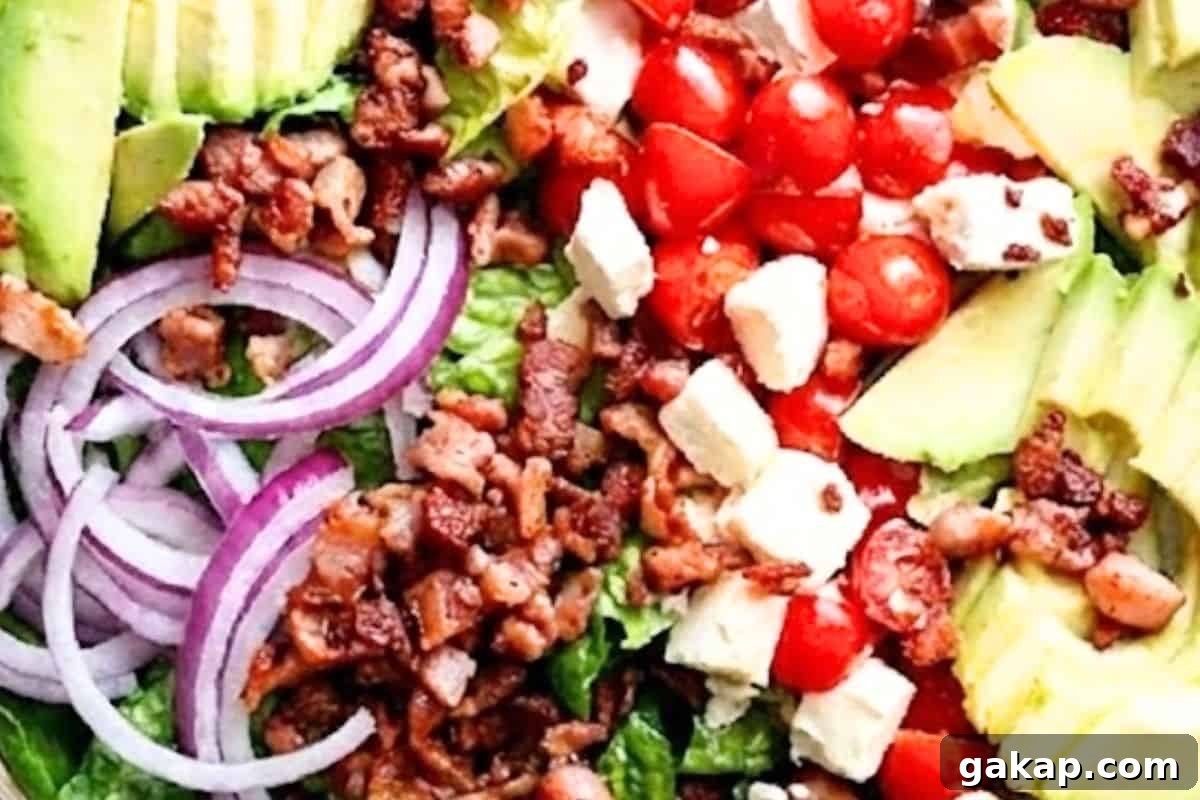Lemon-Herb Avocado Chicken Salad Recipe for Light Lunch 6 Assemble the lettuce, avocado, feta, tomatoes, red onion, and bacon in a large salad bowl