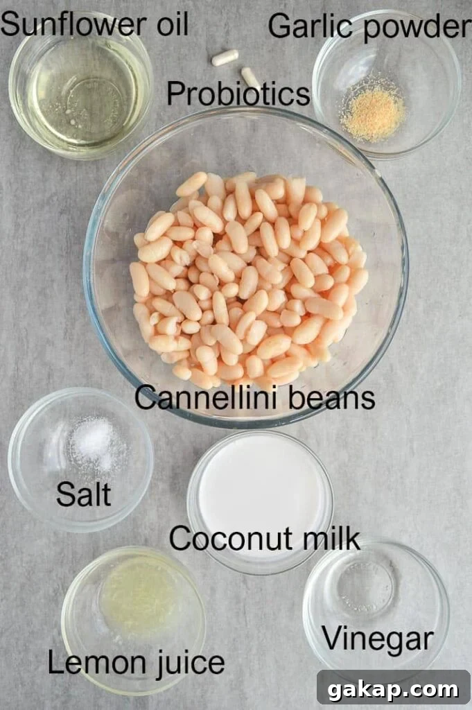 a picture of labelled ingredients in glass bowls including sunflower oil, probiotic capsules, garlic powder, salt, cannellini beans, coconut milk, lemon juice and vinegar