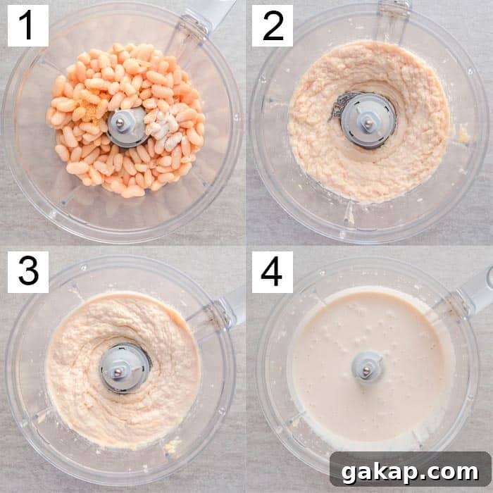 A collage of four photos showing the process of processing white beans and other ingredients into a creamy vegan sour cream sauce