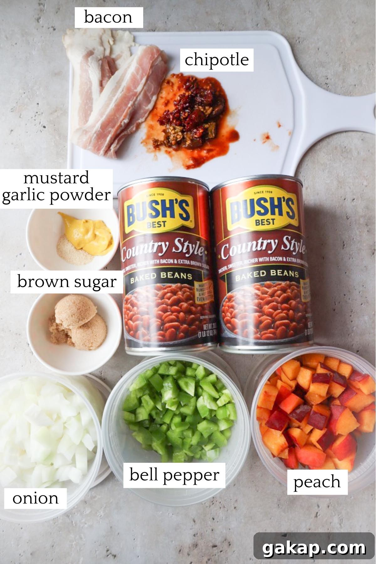 Chipotle Peach Baked Beans Recipe for Sweet-Spicy BBQ Sides 3 ingredients labeled to make peach baked beans.