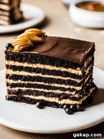Chocotorta slice showing layers of cookies and dulce de leche cream.