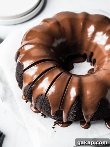 Sliced chocolate olive oil bundt cake.