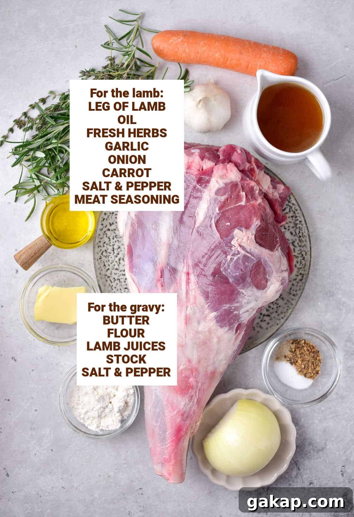 Perfect Slow-Roasted Leg of Lamb Recipe for Tender Meat 4 Light grey surface with ingredients for roasted leg of lamb including vegetables, herbs, oil, butter, flour, seasonings.