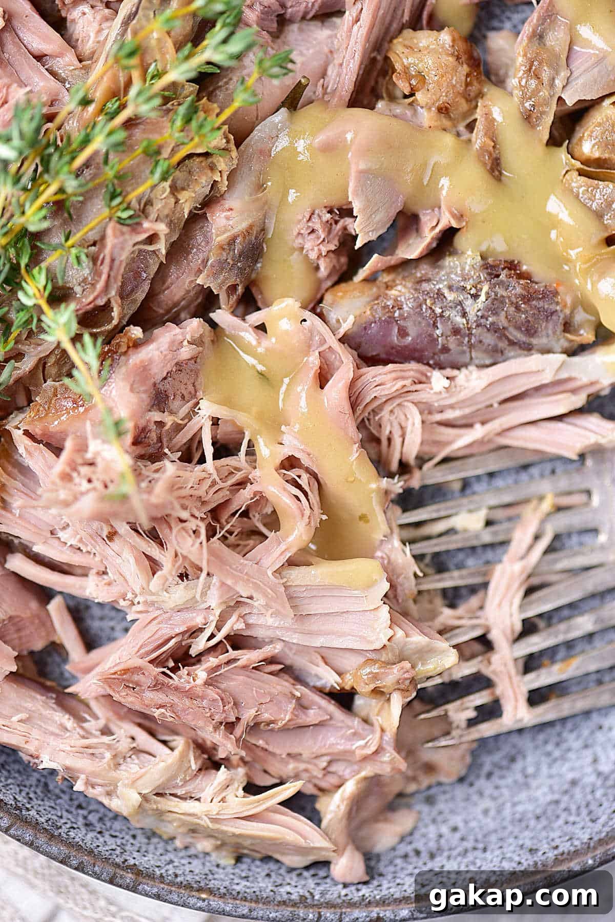 Perfect Slow-Roasted Leg of Lamb Recipe for Tender Meat 10 Close up serving of pulled roasted leg of lamb with gravy. Grey plate, silver fork.