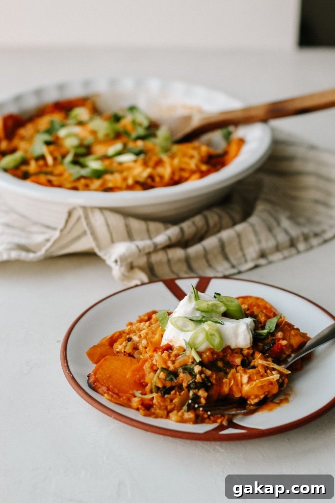 enchilada casserole on plate with sour cream and green onion
