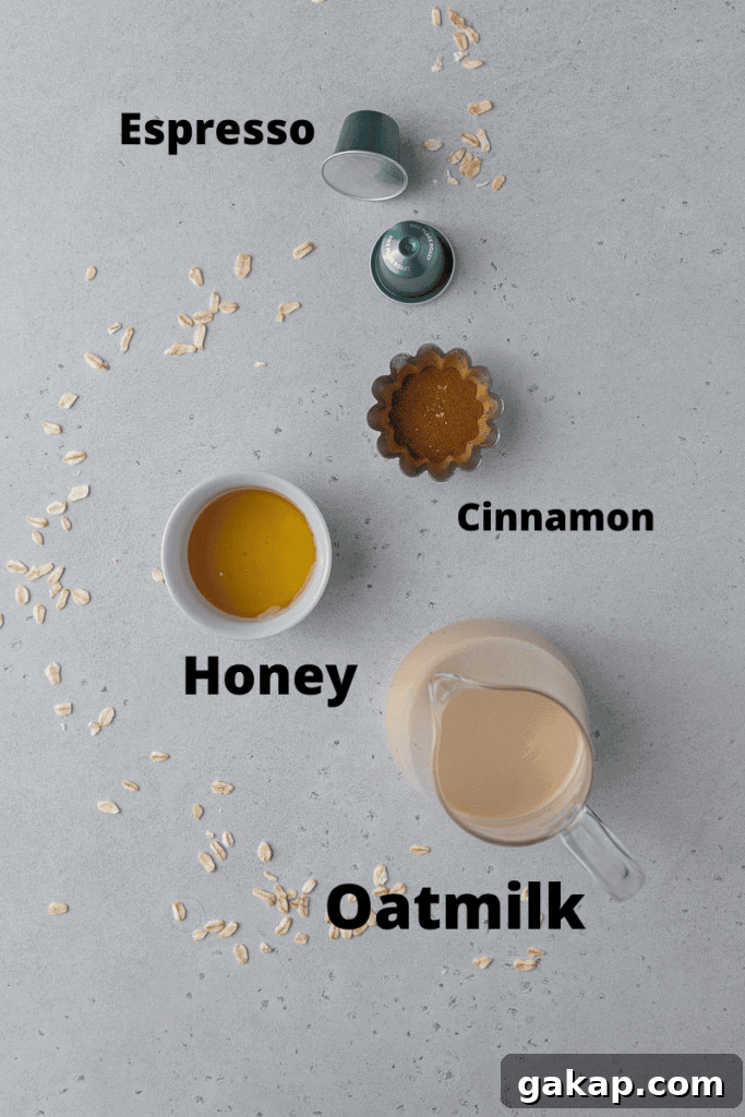Honey Oatmilk Latte Recipe: Hot & Iced Starbucks-Style Guide 3 Ingredients including espresso pods, honey, oat milk, and cinnamon arranged on a light surface.