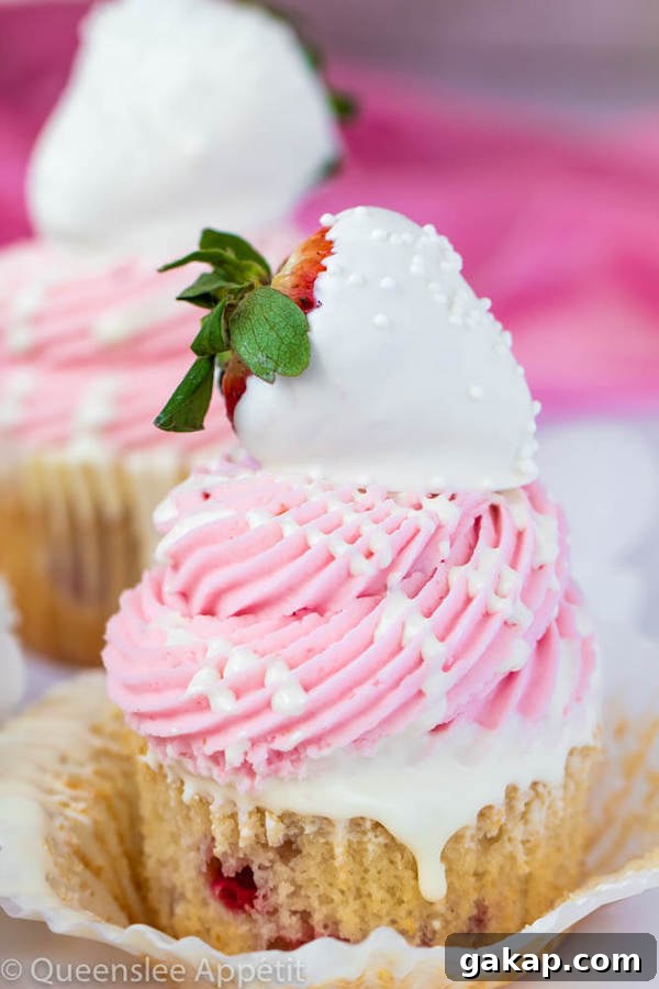 White Chocolate Strawberry Cupcakes with Ganache Drizzle 9 White Chocolate Covered Strawberry Cupcakes