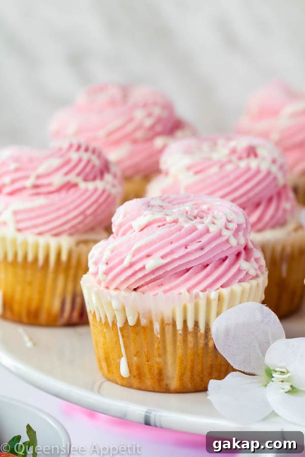 White Chocolate Strawberry Cupcakes with Ganache Drizzle 12 White Chocolate Covered Strawberry Cupcakes