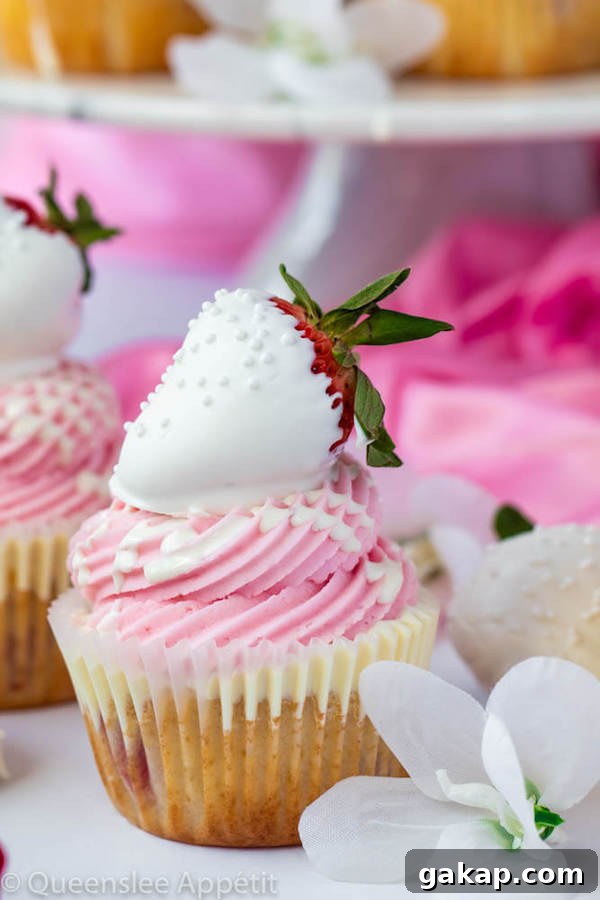White Chocolate Strawberry Cupcakes with Ganache Drizzle 13 White Chocolate Covered Strawberry Cupcakes