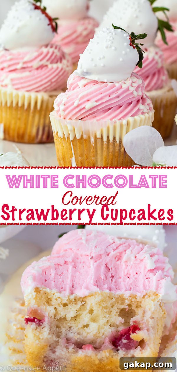White Chocolate Strawberry Cupcakes with Ganache Drizzle 14 White Chocolate Covered Strawberry Cupcakes