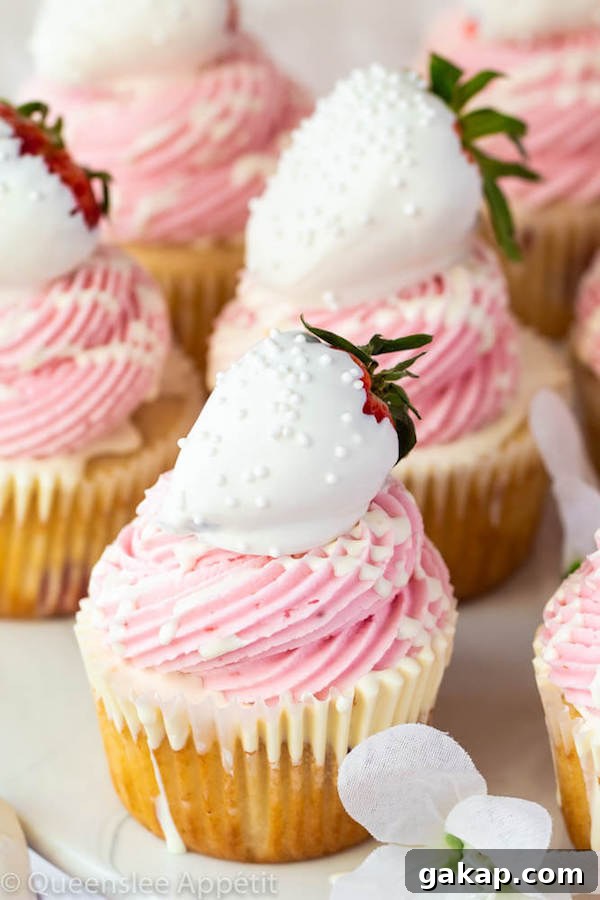 White Chocolate Strawberry Cupcakes with Ganache Drizzle 7 White Chocolate Covered Strawberry Cupcakes