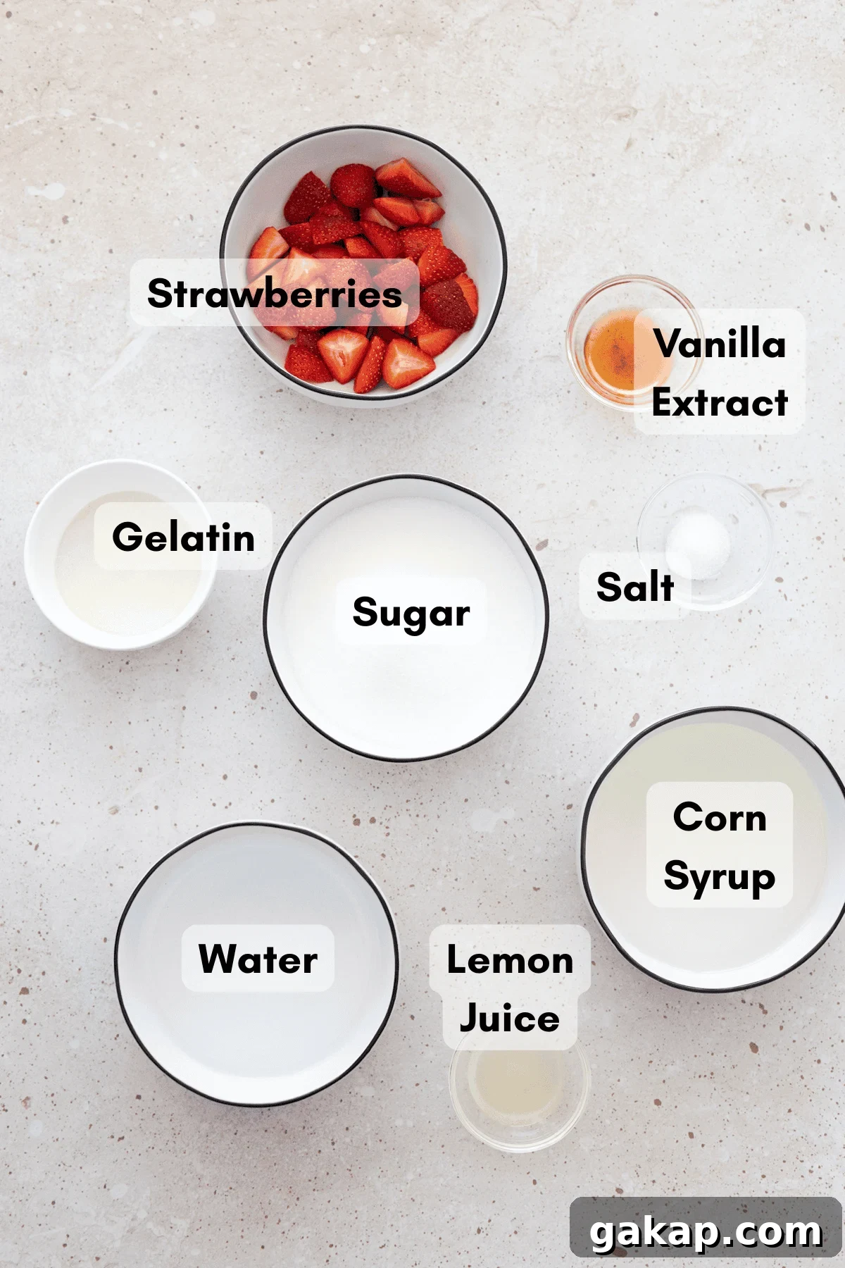 Ingredients for Strawberry Pink Marshmallows in small bowls. 
