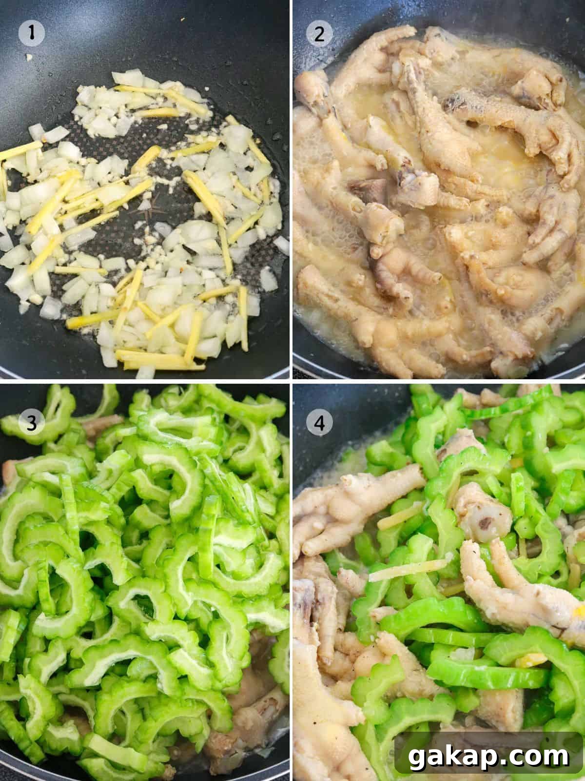 Bitter Melon with Chicken Feet Recipe: Filipino Style Stew 5 cooking Ampalaya with Chicken Feet in a pan.