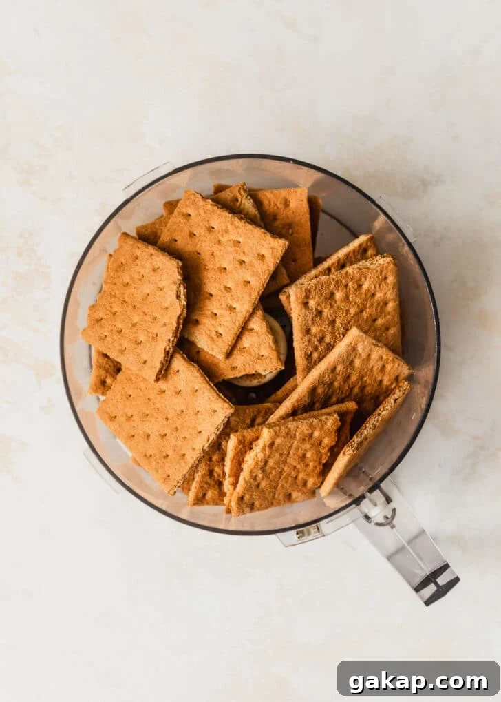 A food processor with graham crackers on a tan counter.