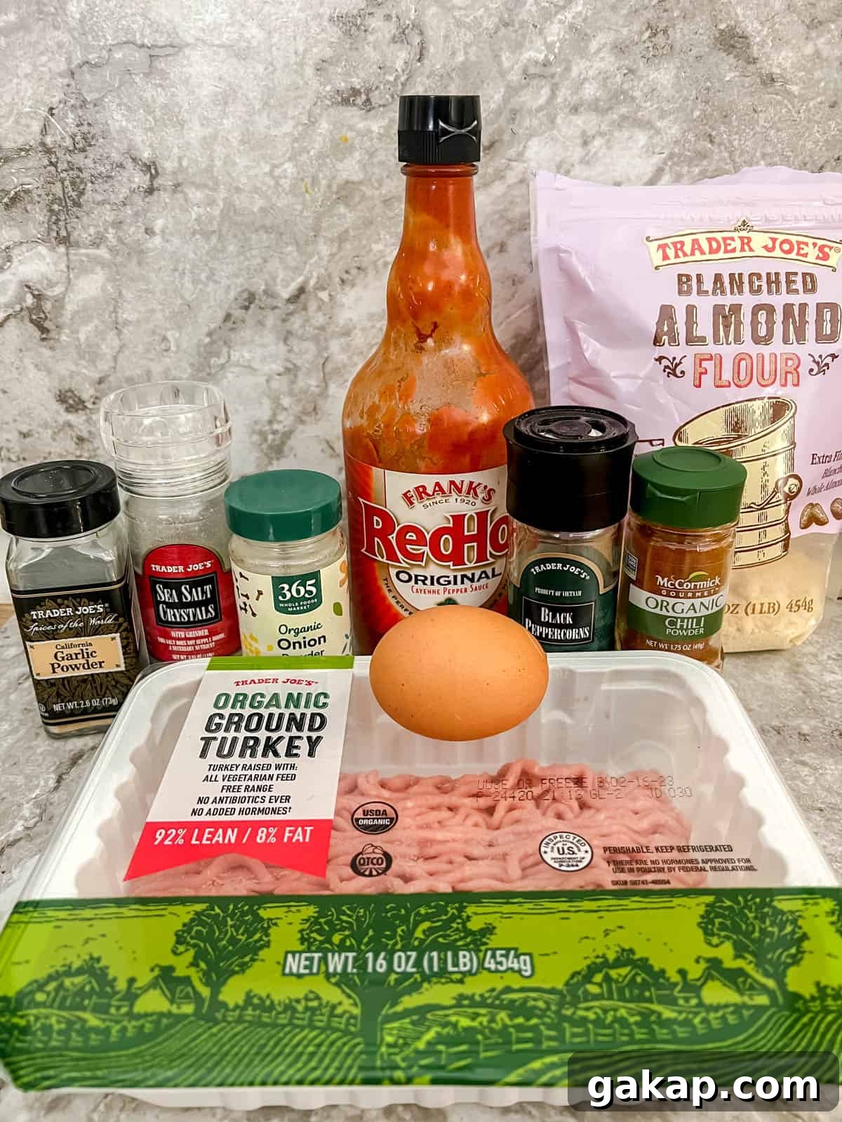 Ingredients needed to make healthy buffalo turkey meatballs.