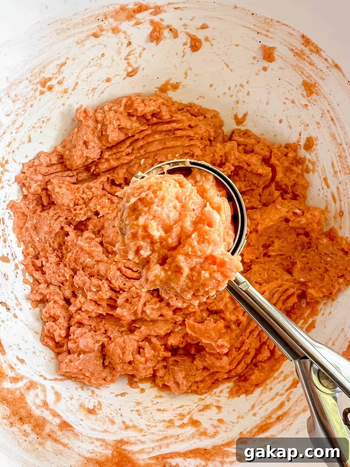 Buffalo turkey ingredients mixed and balls ready to be scooped out.