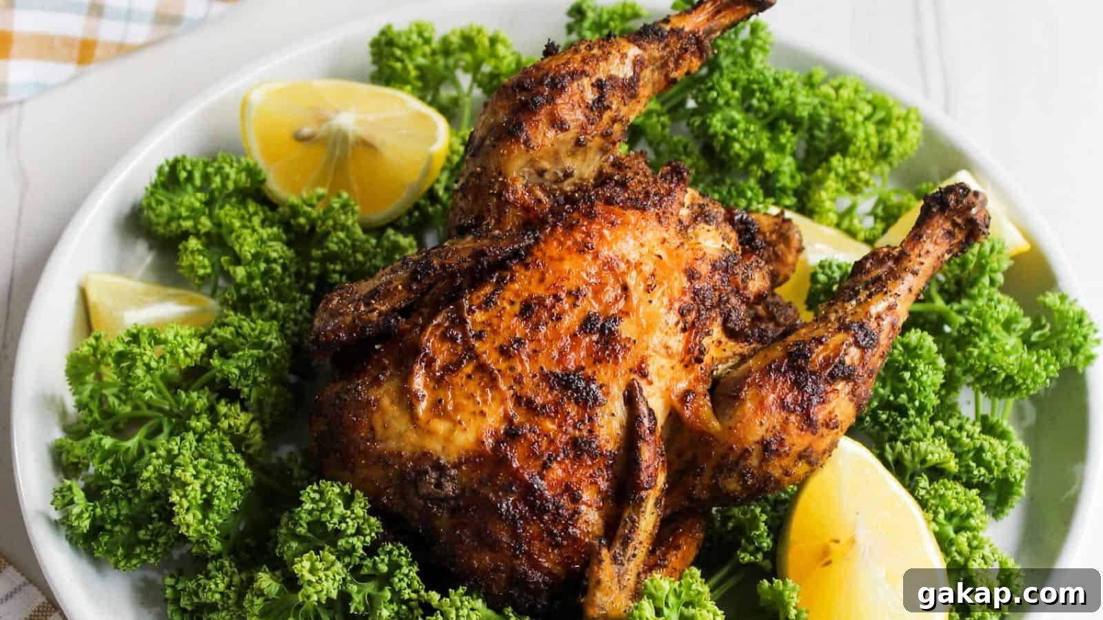 Air fryer Cornish hen on a white plate with lemon wedges.