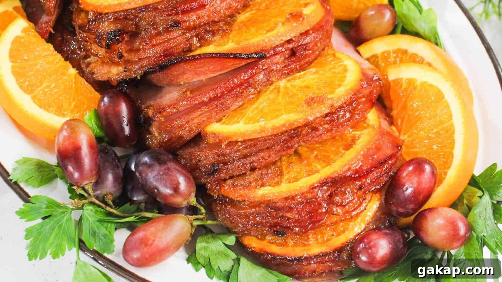 Sliced ham with orange slices and grapes, garnished with parsley on a platter.