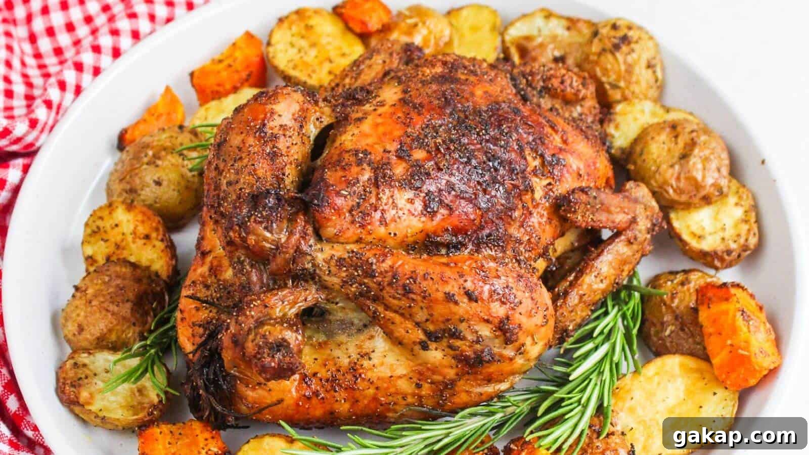Roasted chicken with potatoes and carrots on a white plate.