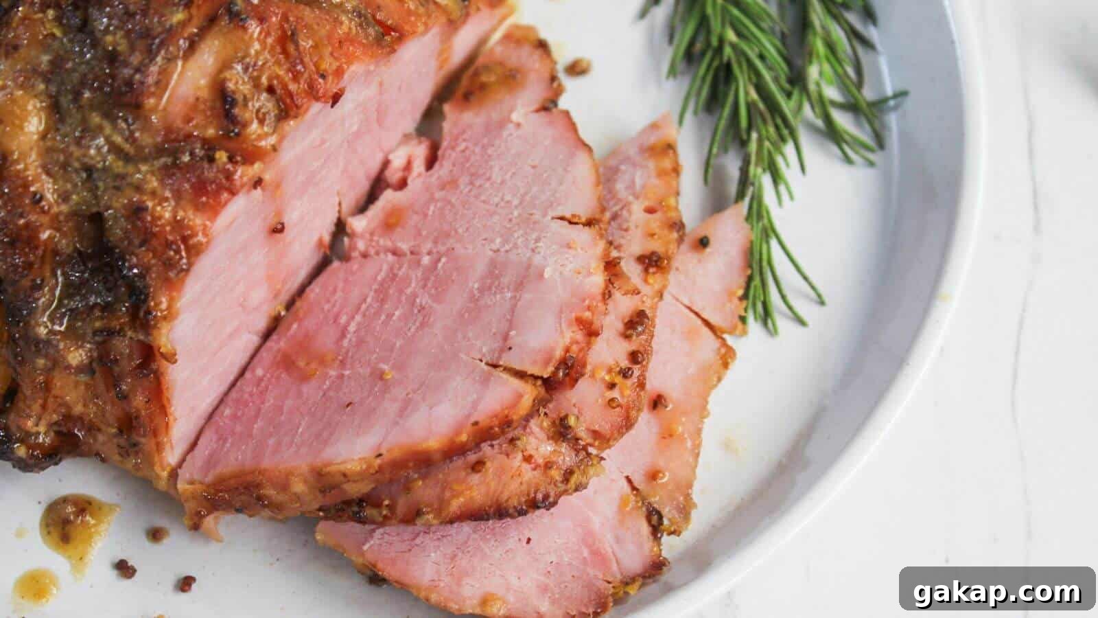 Sliced roasted ham garnished with sprigs of rosemary on a white plate.