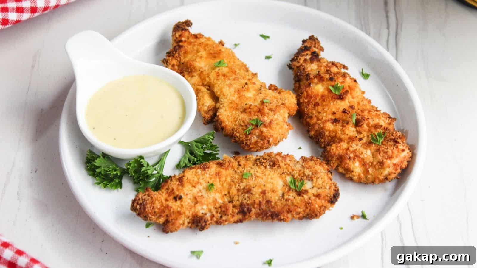 Fried chicken tenders on a plate with dipping sauce.