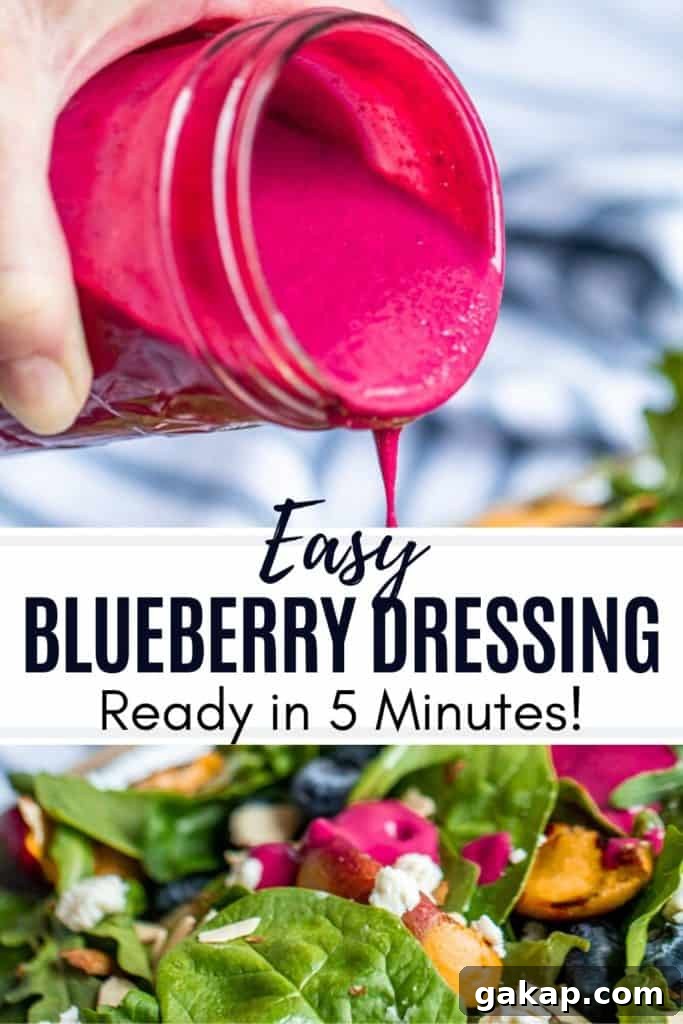 Pin showing dressing being poured on salad with black text overlay.