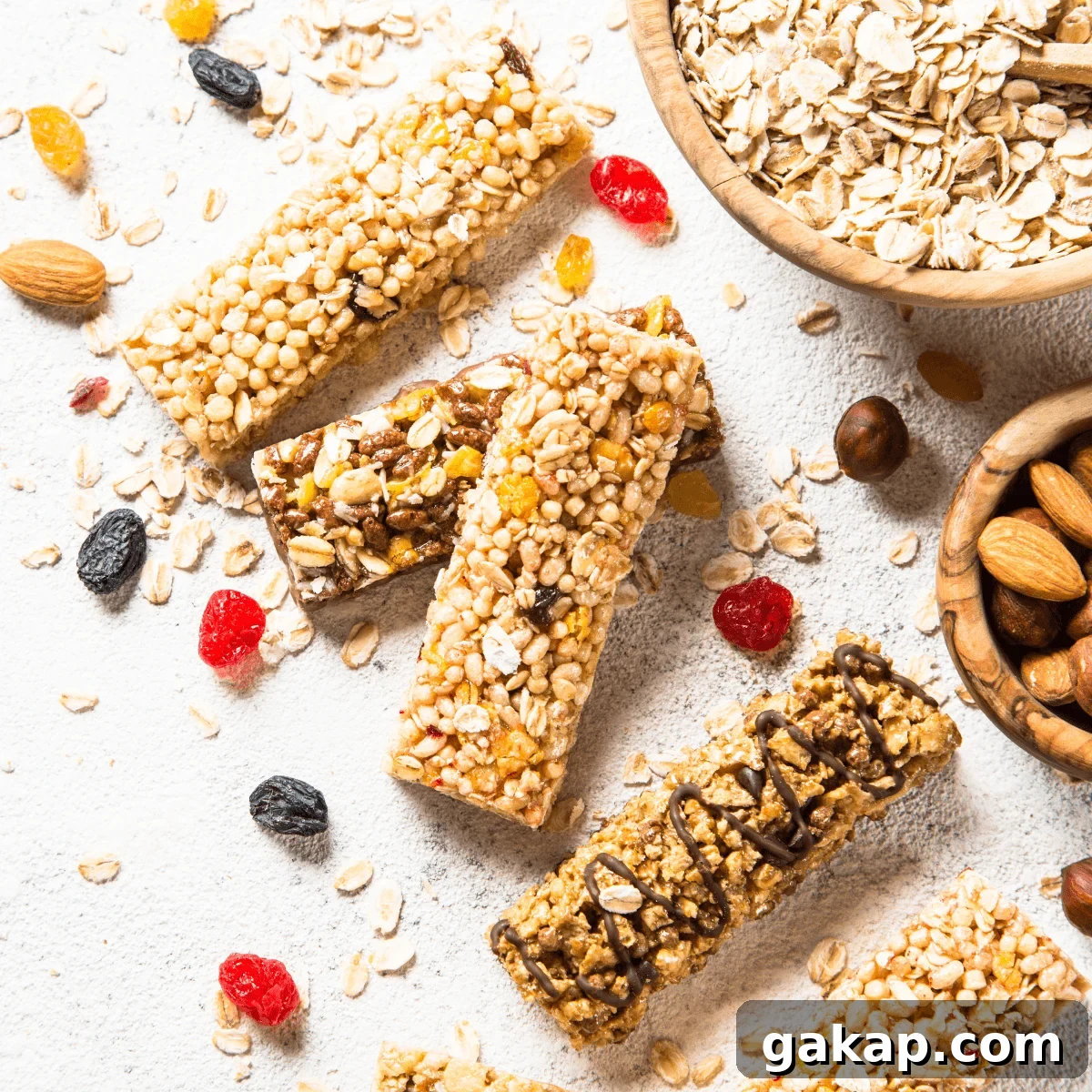 Five granola bars sitting on a table surrounded by ingredients, including nuts, oats, raisins and dried fruit
