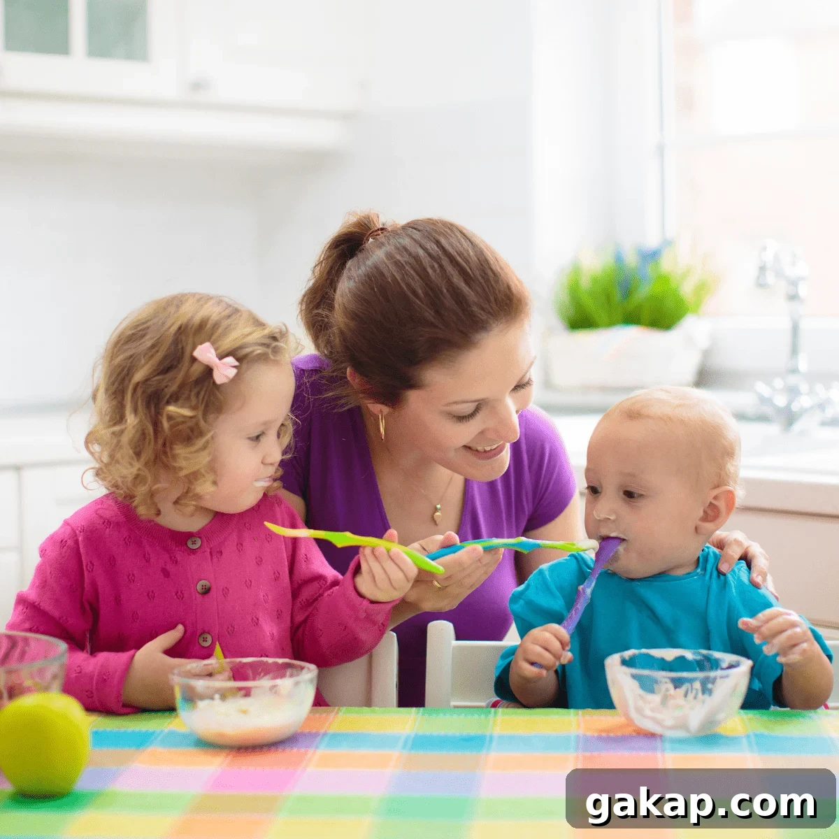 Mom at table with two children eating with plastic spoons from glass bowls.