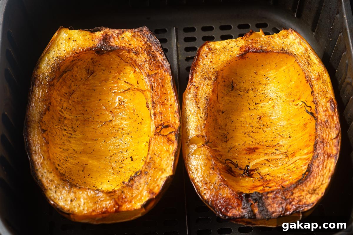 Crispy Air-Fried Spaghetti Squash Recipe for Quick Dinners 8 roasted spaghetti squash in the air fryer.