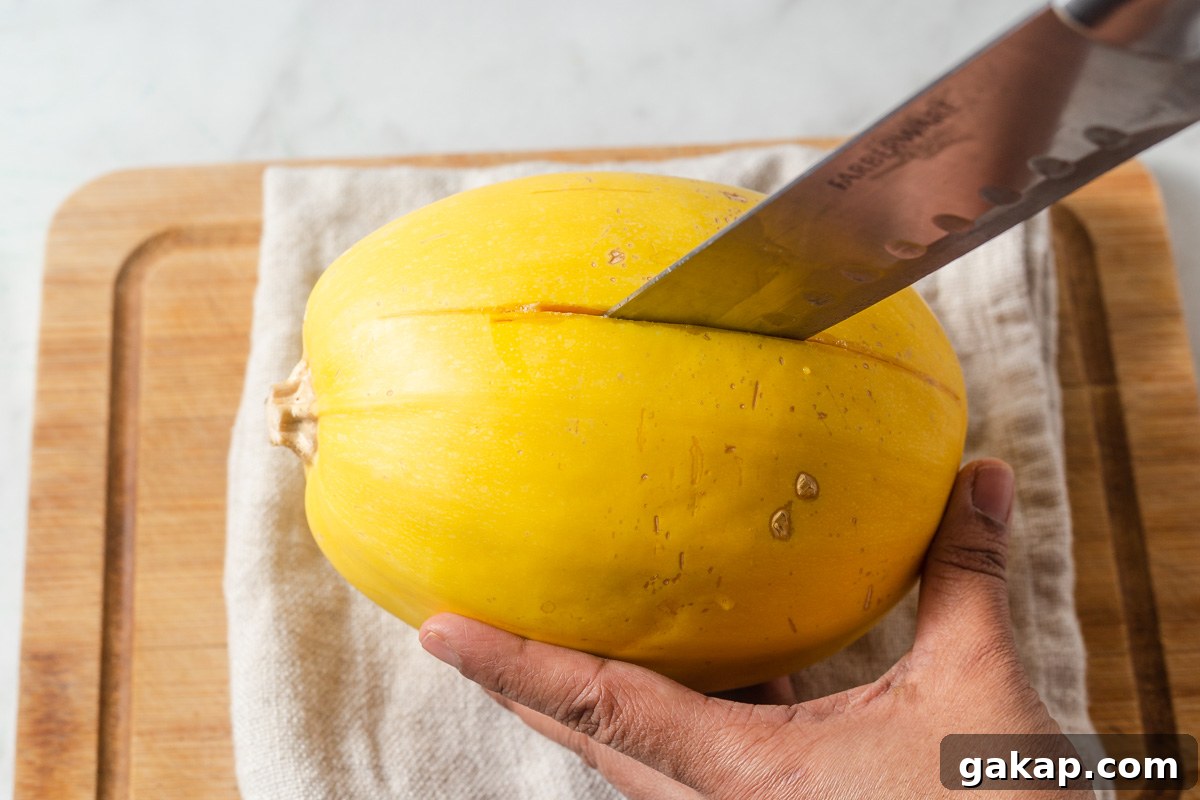 Crispy Air-Fried Spaghetti Squash Recipe for Quick Dinners 5 cutting the squash lengthwise.