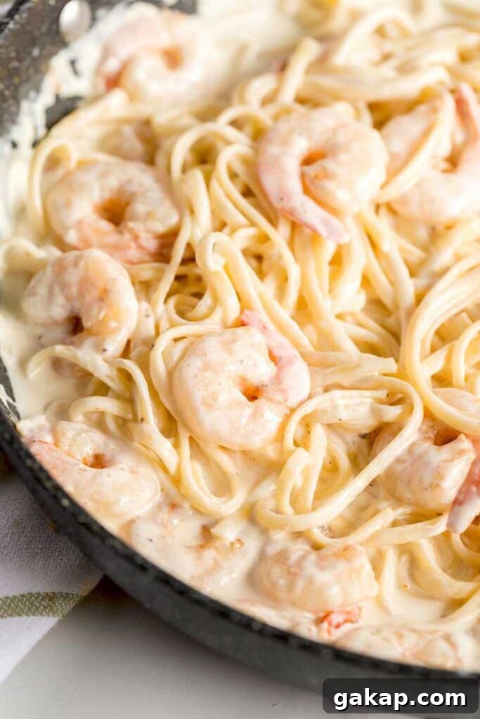 Pasta, shrimp and creamy sauce tossed with spaghetti in a skillet