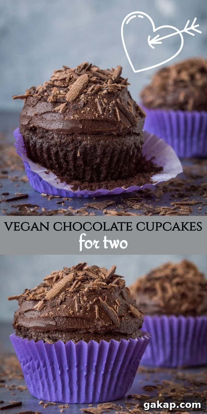 Chocolate cupcakes for two - a small batch of just two delicious vegan chocolate cupcakes that are incredibly quick and easy to whip up and so tasty! Perfect for Valentines Day. #vegan #veganbaking #vegancupcakes #smallbatch pinterest image