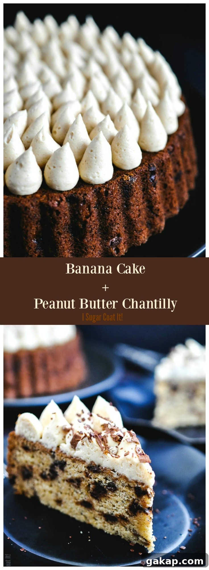Banana Cake with Peanut Butter Chantilly is a lighter take on banana bread, speckled with bittersweet chocolate and topped with peanut butter chantilly.