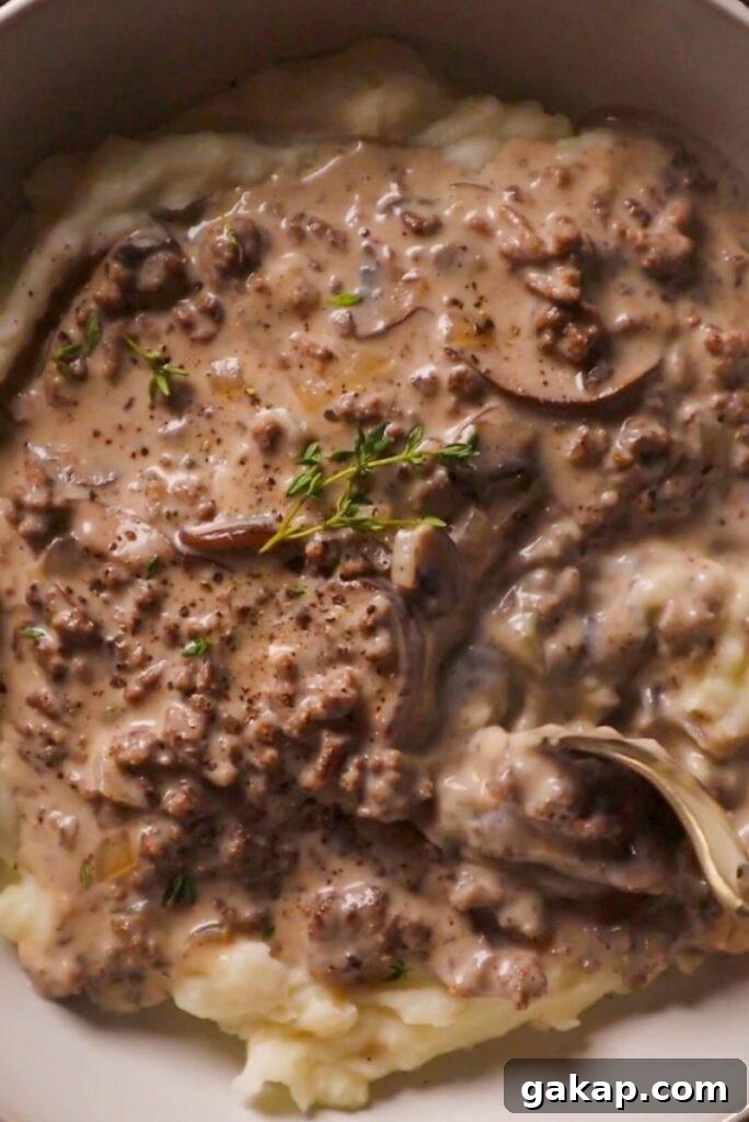 Creamy Mushroom Garlic Gravy for Hamburgers 5 mushroom and garlic hamburger gravy over mashed potatoes
