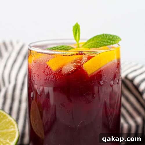 Sparkling Kombucha Mocktail Recipe for Refreshing Summer Sips 12 Red kombucha mocktail in a glass garnished with mint leaves and orange slices.