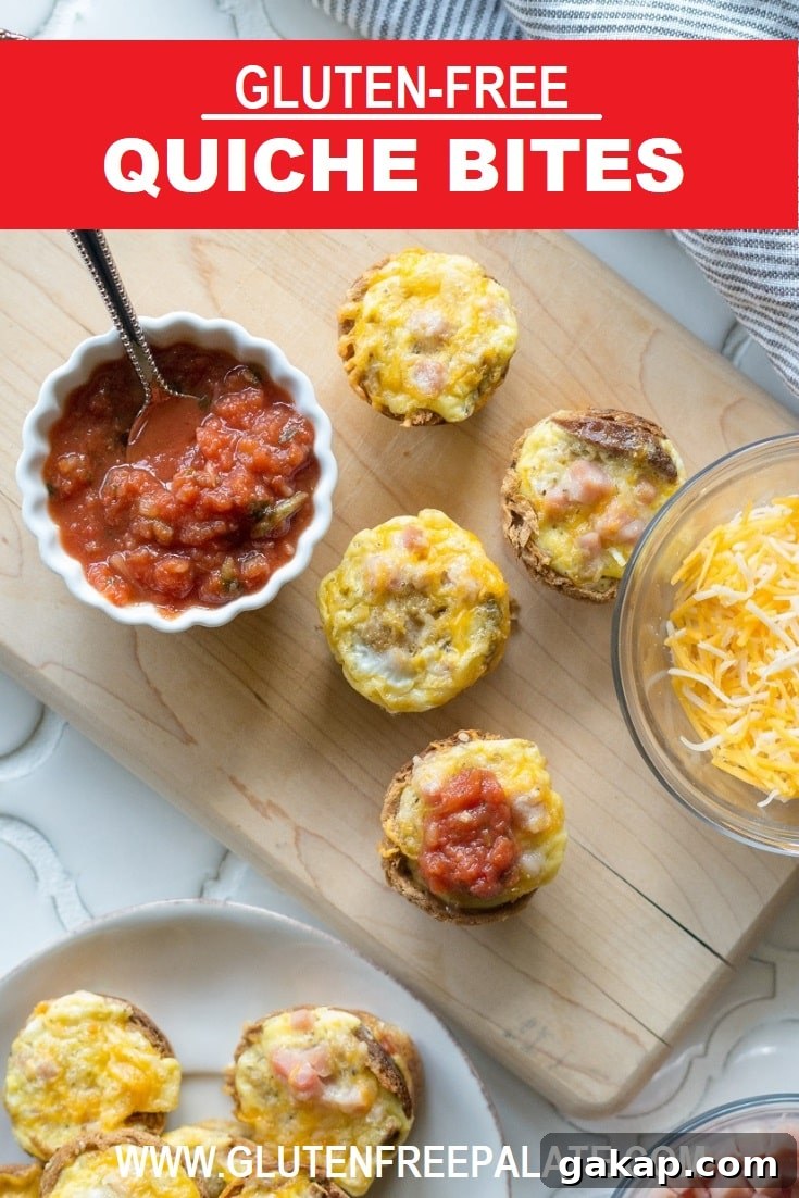 pinterest pin of mini quiche on a cutting board with a bowl of salsa with the words gluten free quiche bites at the top