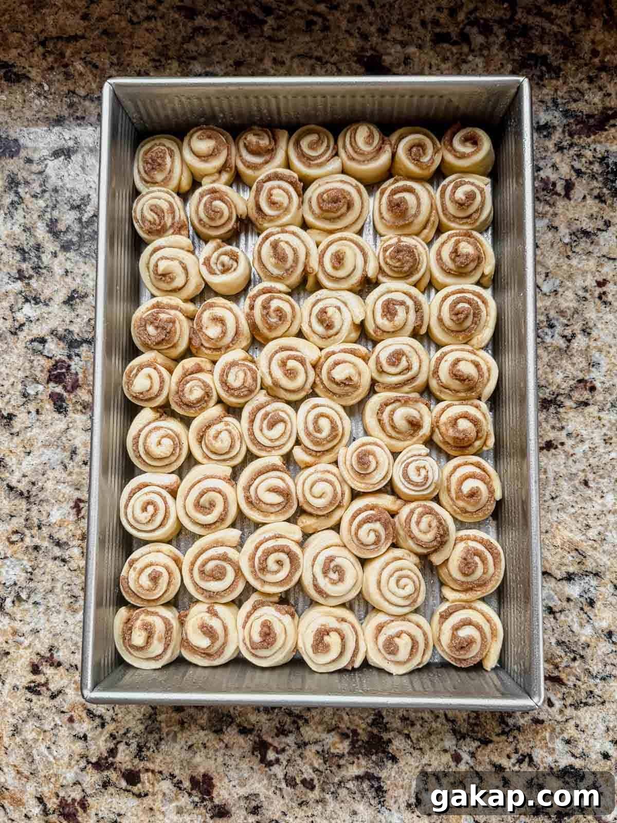 mini cinnamon rolls in a pan before proofing.