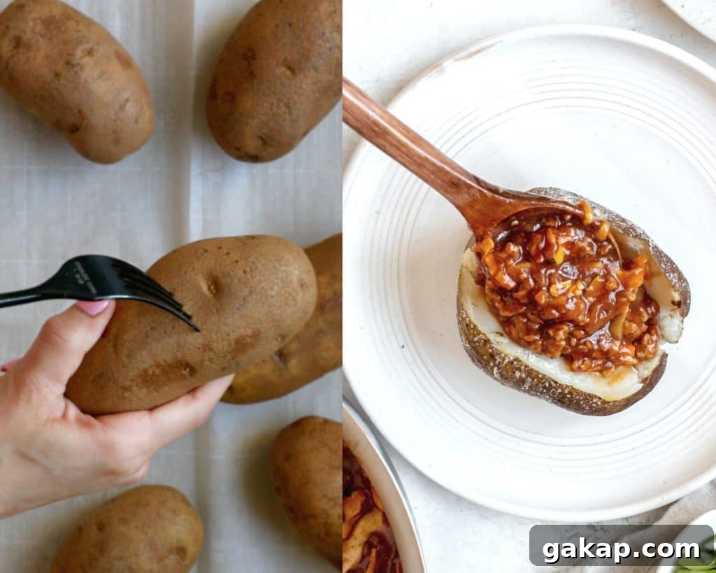 Sloppy Joe Stuffed Baked Potato Recipe: Hearty Weeknight Meal 4 a fork piercing a russet potato and a wooden spoon filling a potato with sloppy joe mixture
