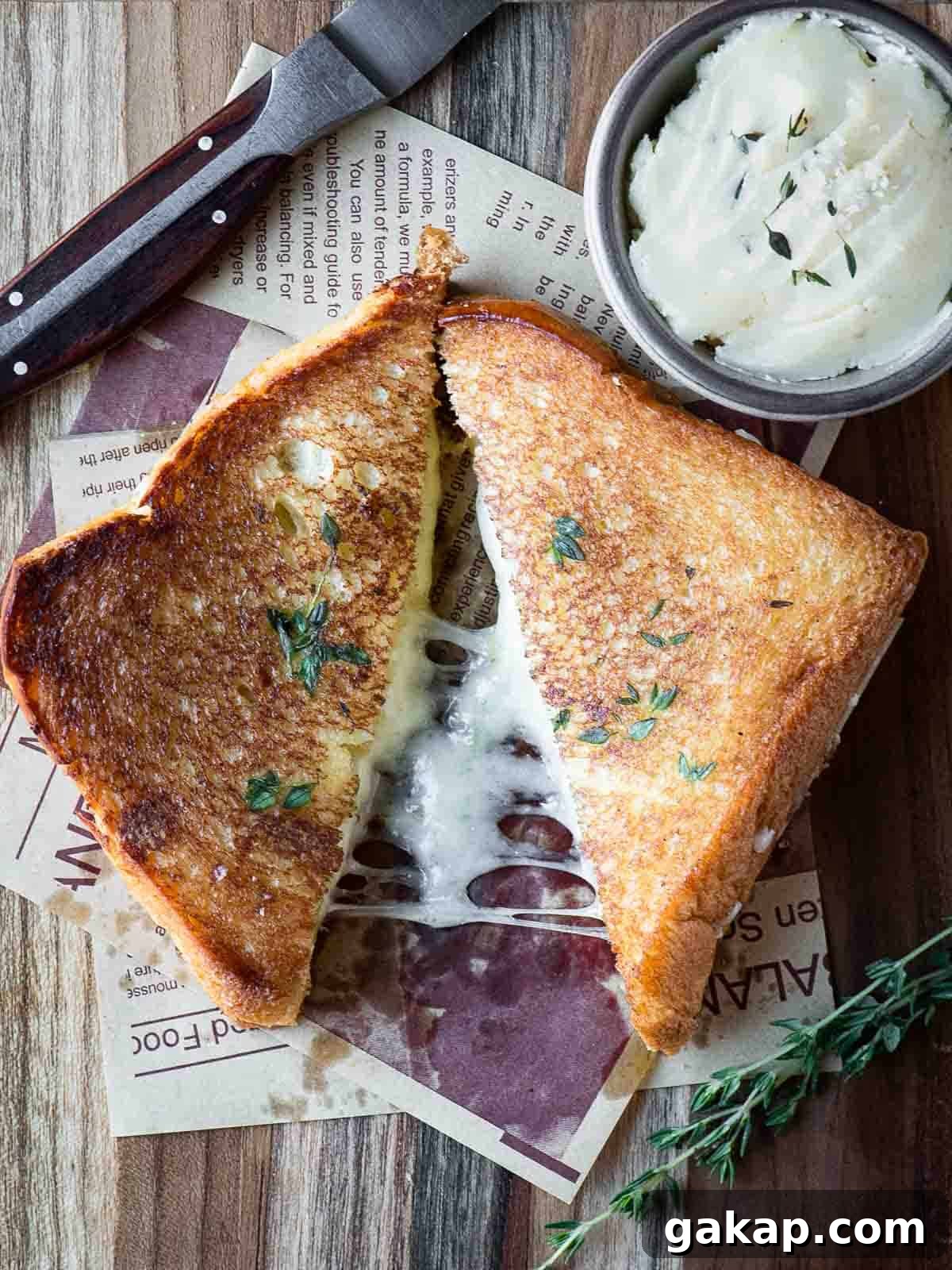 Overhead of a brioche grilled cheese cut in half on a wood surface.