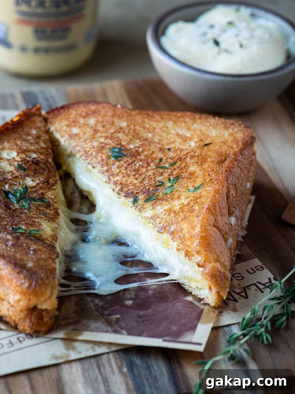Angled view of 2 halves of a melted grilled cheese on a wood surface.